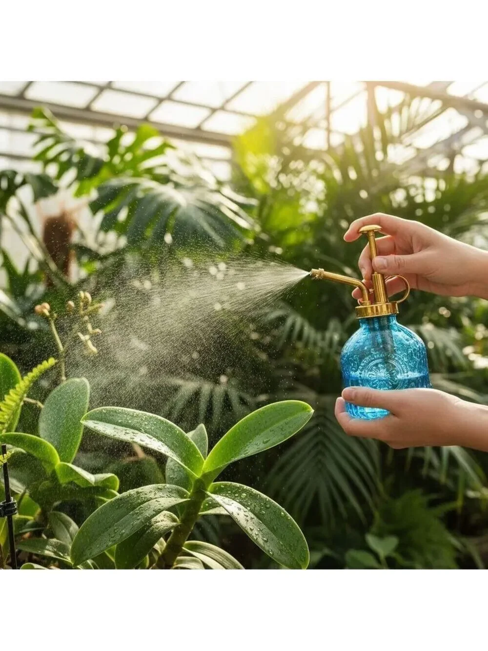 Blue Glass Plant Mister Spray Bottle Gold Pump Orchid Bonsai Air Plant